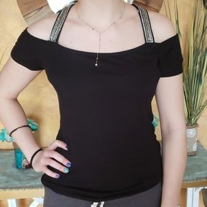 Woman Black Jennifer Lopez Cold Shoulder Top